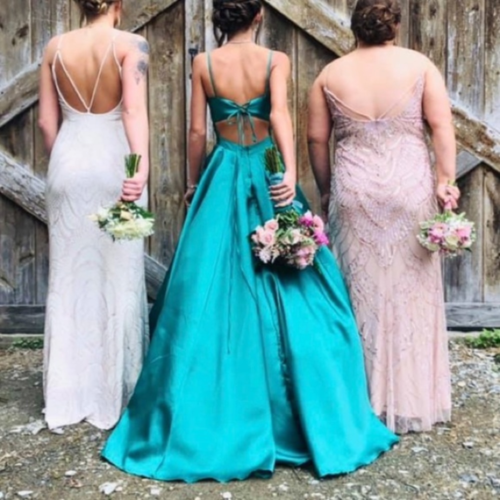 White prom dress with rose gold sparkle detailing